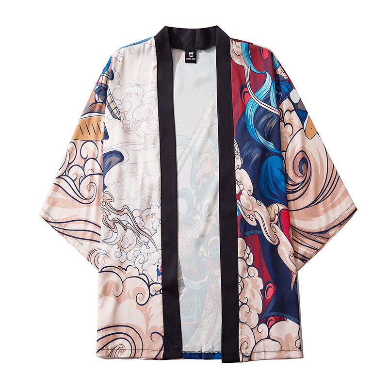Yukata-Kimono con estampado japonés para hombre, cárdigan informal de playa, ropa de Samurai holgada, de verano