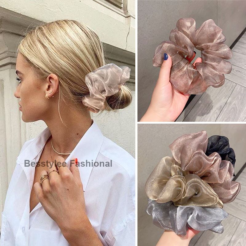 Sweet Soild Color Pearlescent Scrunchies for Women Organza hair Rope Big Size Ponytail Hair Bands Girls Hair Accessories Party
