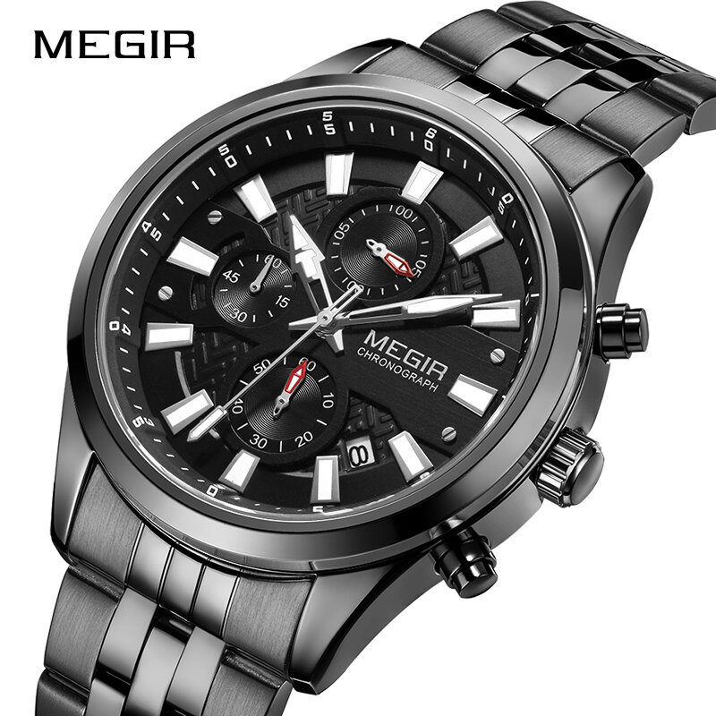 MEGIR-reloj analógico de acero inoxidable para hombre, accesorio de pulsera de cuarzo resistente al agua con cronógrafo, complemento Masculino de marca de lujo con diseño militar, perfecto para negocios