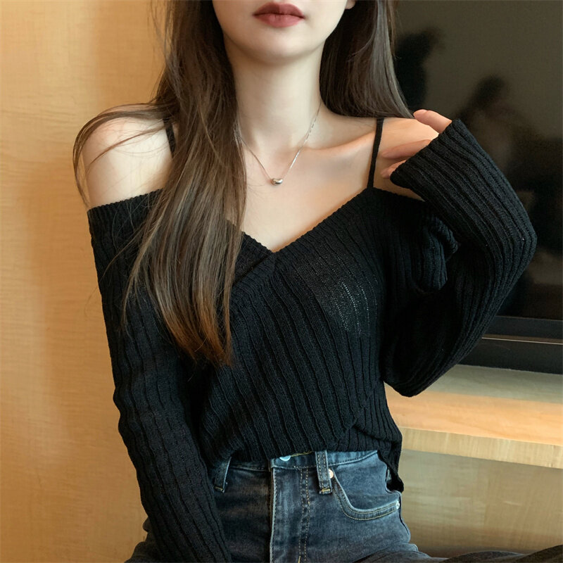 Maglieria da donna Pullover Sexy irregolare croce falso due pezzi Halter Top maniche lunghe maglione Fashion Design autunno Streetwear