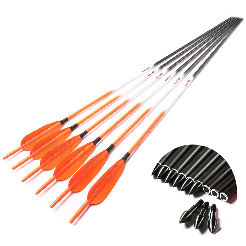 Linkboy-flechas de carbono puro para tiro con arco, Sp300-600, 30/32 pulgadas, 4 pulgadas, punta de flecha de pluma de pavo, arco compuesto de 75gr, 6 uds.