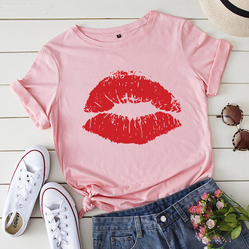 Summer Women Sexy Red Lip Tee Short Sleeve O Neck White T Shirts Ladies Mouth Print Top Casual T-Shirt Sport wear