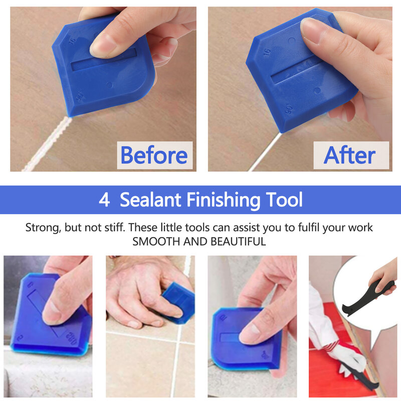 Kit de ferramentas de calafetagem de aço inoxidável azul tamanhos 31, selante de silicone, aplicador de bico de finalização e raspador reutilizável