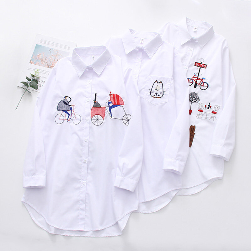 Blusa bordada de algodón de manga larga para mujer, blusa informal con diseño de botones y cuello vuelto, color blanco nuevo, 2021, 5083