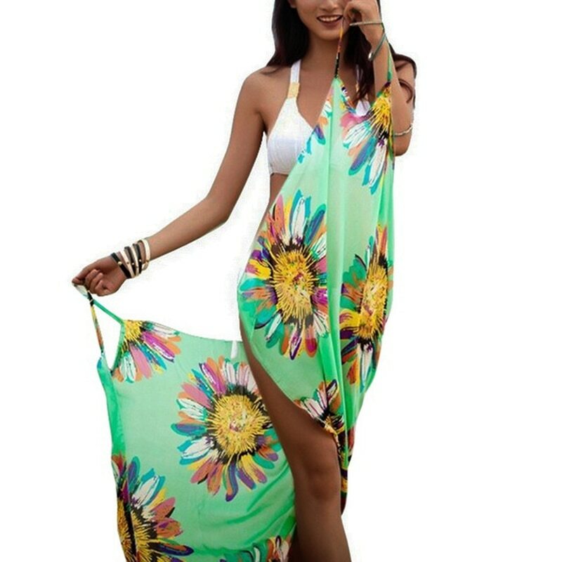 2021 okładka z nadrukiem seksowna sukienka plażowa kobiety Halter Sling szyfonowa ręcznik plażowy Bikini Wrap Pareo spódnice stroje kąpielowe z odkrytymi plecami