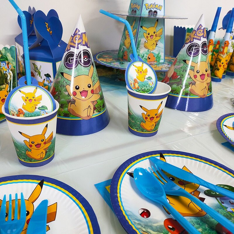Decoración Para fiesta de cumpleaños de Pokémon, plato de cena con temática de Pikachu, mantel, taza de palomitas de maíz, paja, suministros para fiesta de cumpleaños de niños