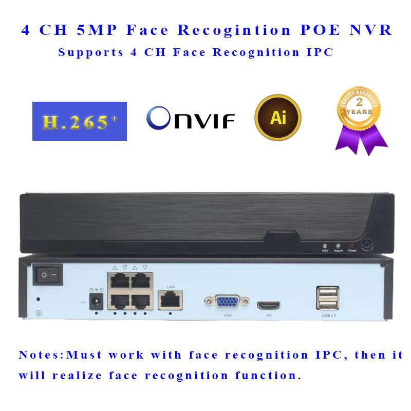 4 CH Pengenalan Wajah POE NVR P2P IP Video Recorder Mendukung 5MP IPC Input H.265 ONVIF Target Hitungan untuk IP kamera Pengintai