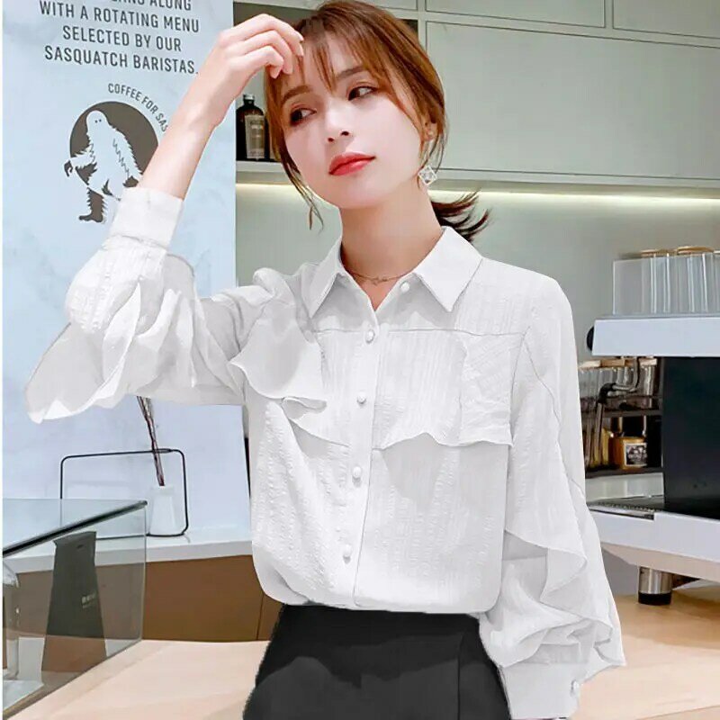 Xej-女性用の白いシルクシフォンブラウス,エレガントな秋のファッション,長袖,韓国スタイル,2021
