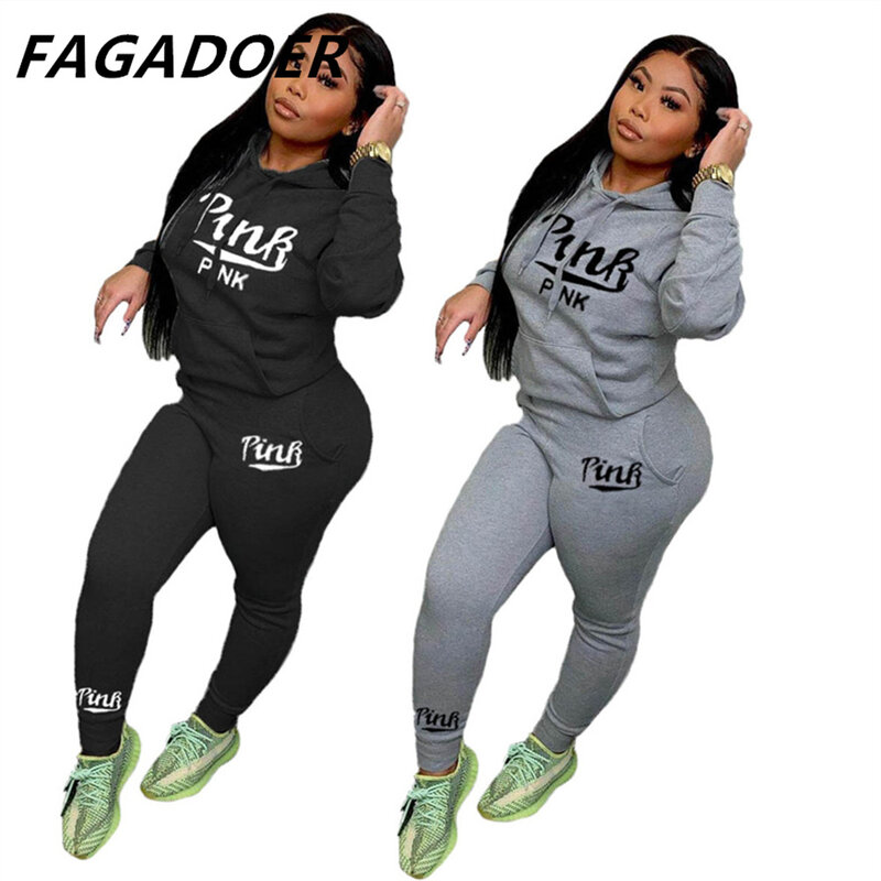 Solid Sporty 2 Piece Set Women Plus Size s-2xl Tracksuits Pink  Letter Print Hoody Sweatsuits Cotton Casual Outfits Black Grey