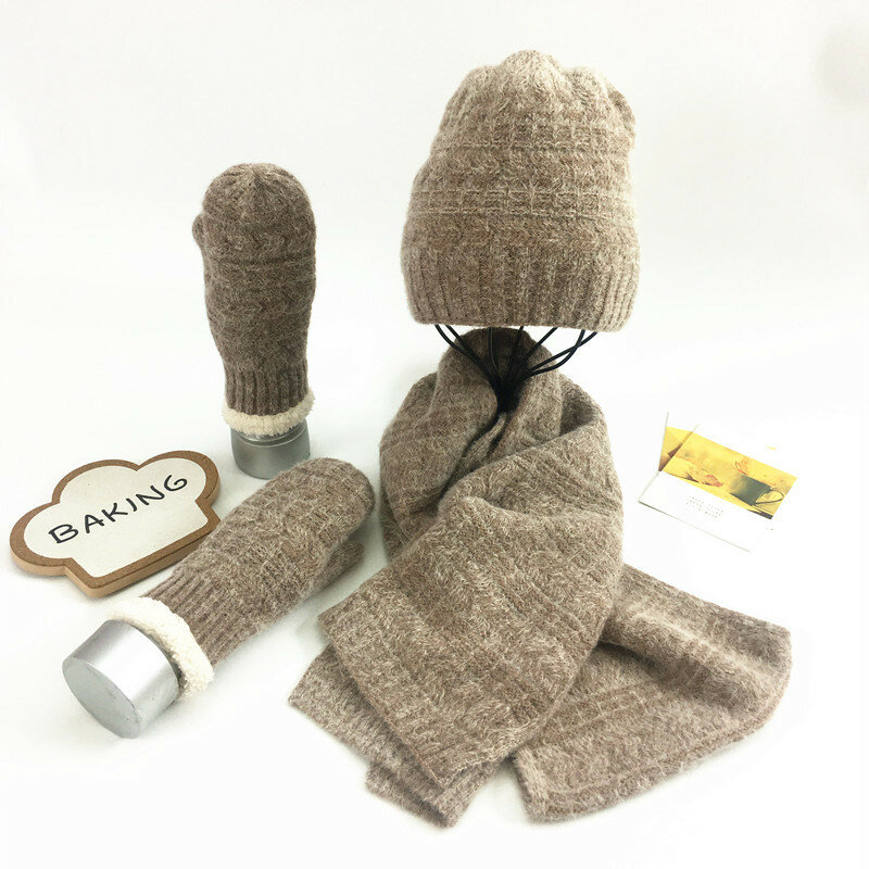 Outono e inverno masculino tricotado terno de três peças cor pura calor e lã chapéu e cachecol com terno de luva