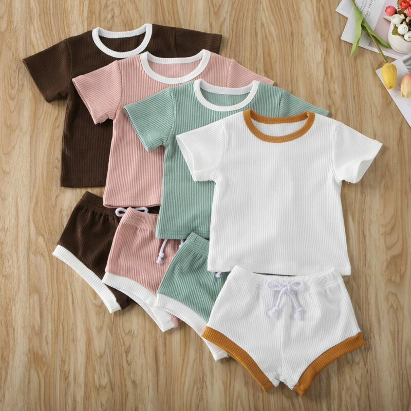 Ropa de algodón para bebé, niño y niña, Tops de manga corta de Color sólido, camiseta + Pantalones cortos, trajes