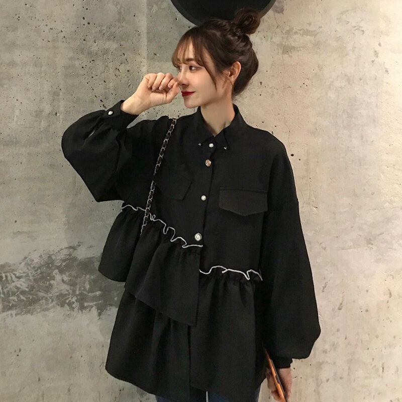 First Love Department Black Long Sleeve Shirt Female Design Sense of Minority Autumn 2021 New Chic Top