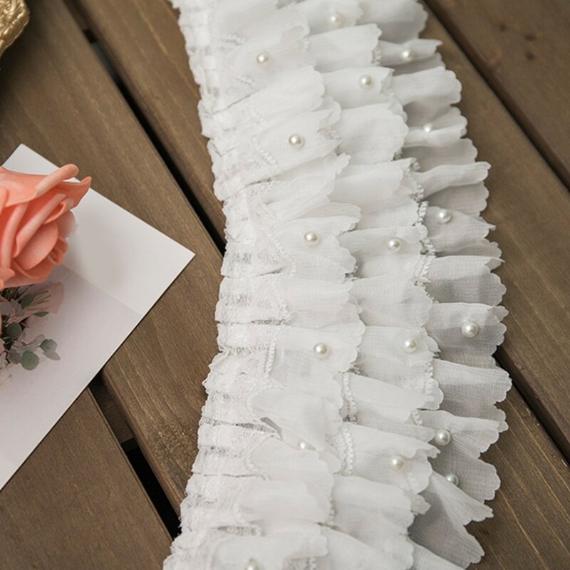 X3UE Lebar 1 Yard Kain Putih Alami Tiga Lapis Potongan Renda DIY Aksesori Buatan Tangan Dekorasi Gaun Lolita Manik Putih Renda