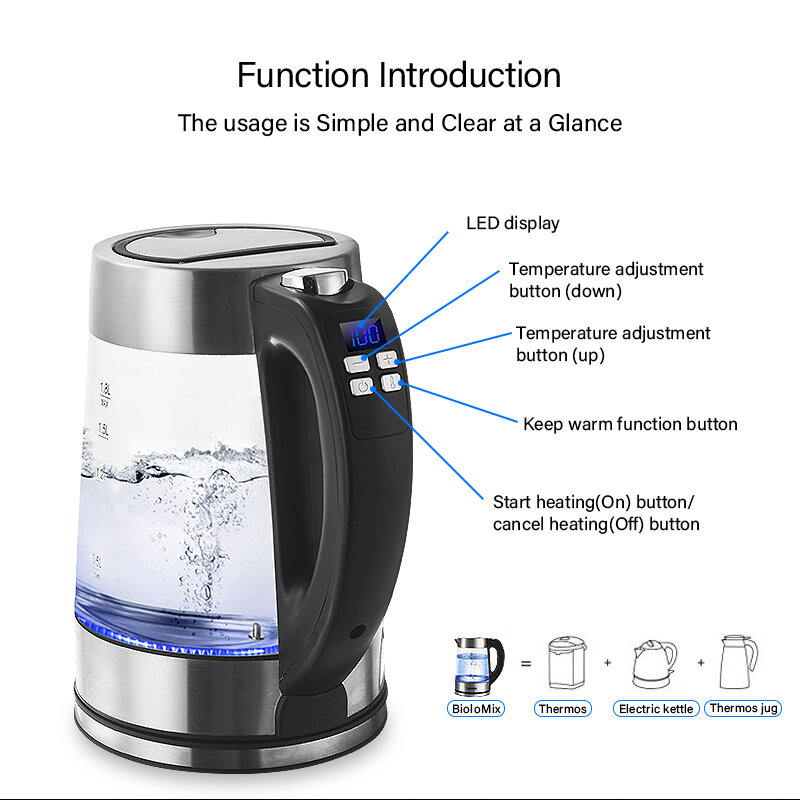 BioloMix 1.8L niebieskie jasne światło LED cyfrowy szklany czajnik 2200W herbata kawa czajniczek z regulacją temperatury i funkcją utrzymywania ciepła