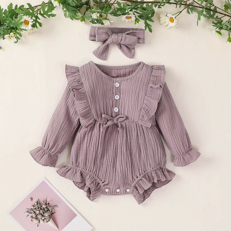 Bodysuit for newborns baby girl clothes Autumn Solid Cute Clothes Jumpsuit Long Sleeve Bodysuit Baby Romper With Headband E1