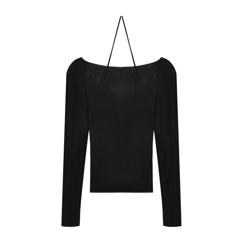 가짜 2 피스 홀터 화이트 스웨터 여성 가을 2021 새로운 긴 소매 슬림 타이트 Bottoming 스웨터 탑