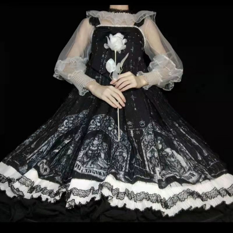 Japonês gótico jsk lolita vestido feminino vintage vitoriano sem mangas arco princesa chá vestidos de festa meninas chique impressão lolita vestido