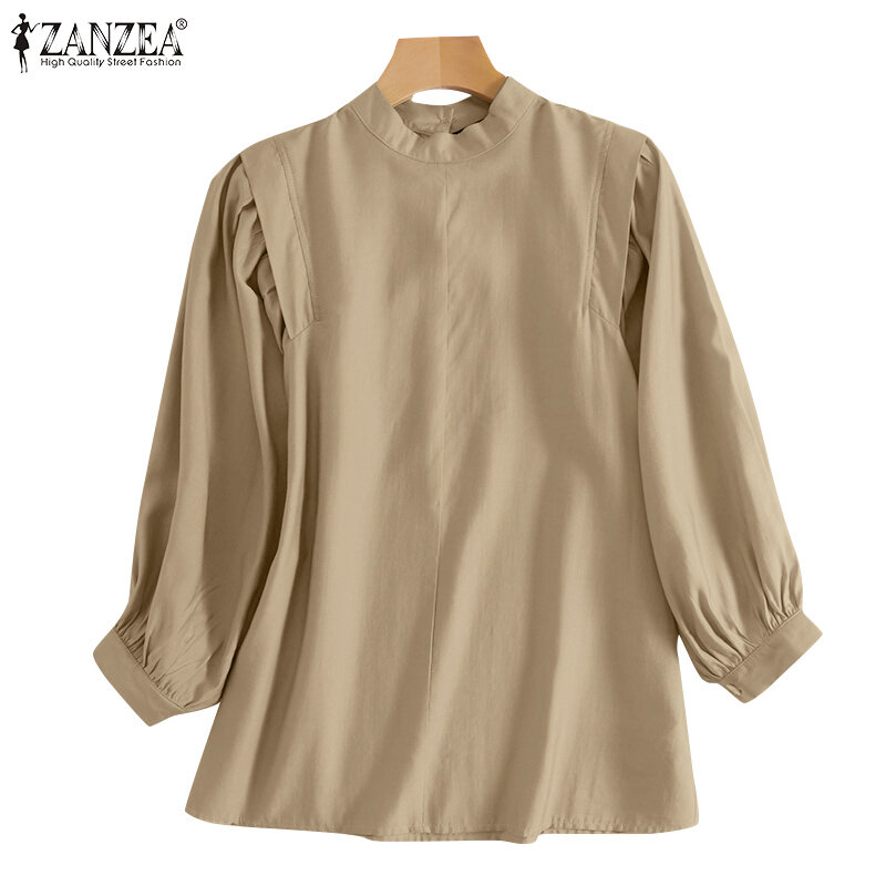 ZANZEA – tunique à manches longues pour femmes, haut de bureau élégant, couleur unie, Patchwork, à la mode, décontracté, col montant, automne 2021