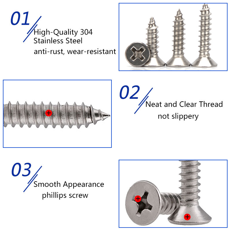 M4 M4.2 304 Stainless Steel Cross Recessed Flat Head Self-Tapping Screws Phillips Countersunk Head Tapping Bolts Length 6mm-60mm