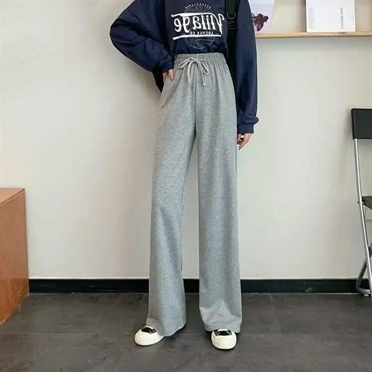 Celana Olahraga Abu-abu, Perempuan Celana Lebar Santai Gantung Pinggang Tinggi Pelangsing Siswa Lurus Longgar Celana Panjang Pel Serbaguna
