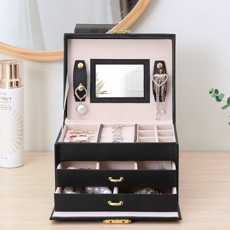 Duża pojemność pudełko z biżuterią typ szuflady skórzane pudełko do przechowywania biżuterii kolczyk pierścień naszyjnik z zegarek z lusterkiem Organizer biżuterii