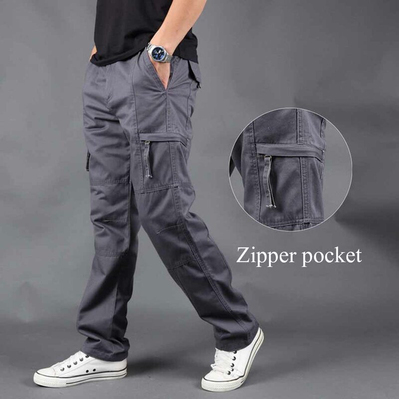 FALIZA New Cargo Pants Men's Zipper Side Pockets Cotton Men Military Style Tactical Trousers Outwear Straight Loose Pants PA50