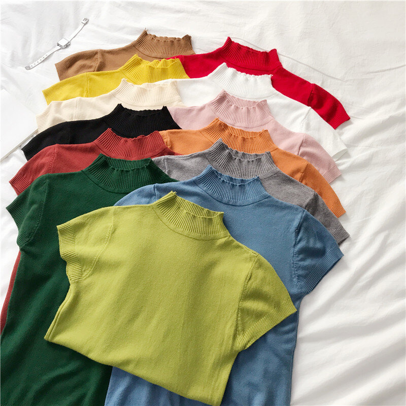 여성 하프 터틀넥 반팔 솔리드 소프트 스웨터 셔츠, 2020 년 봄 소녀 뜨개질 대형 탄성 스웨터 풀오버 탑스