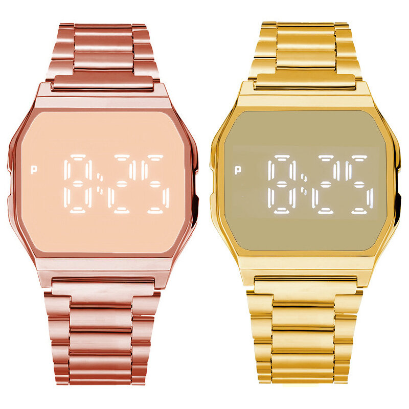Reloj deportivo de lujo para hombre y Mujer, pulsera de eslabones de acero inoxidable, Digital, LED, cuadrado, de negocios