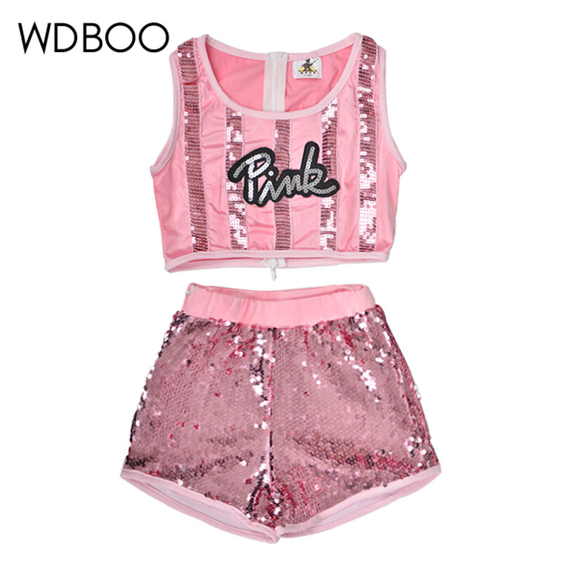 Wdboo meninas hip-hop jazz dancewear lantejoulas glitter colheita top shorts 2 peças conjunto criança topo & bottoms dança traje rosa sparkly conjuntos