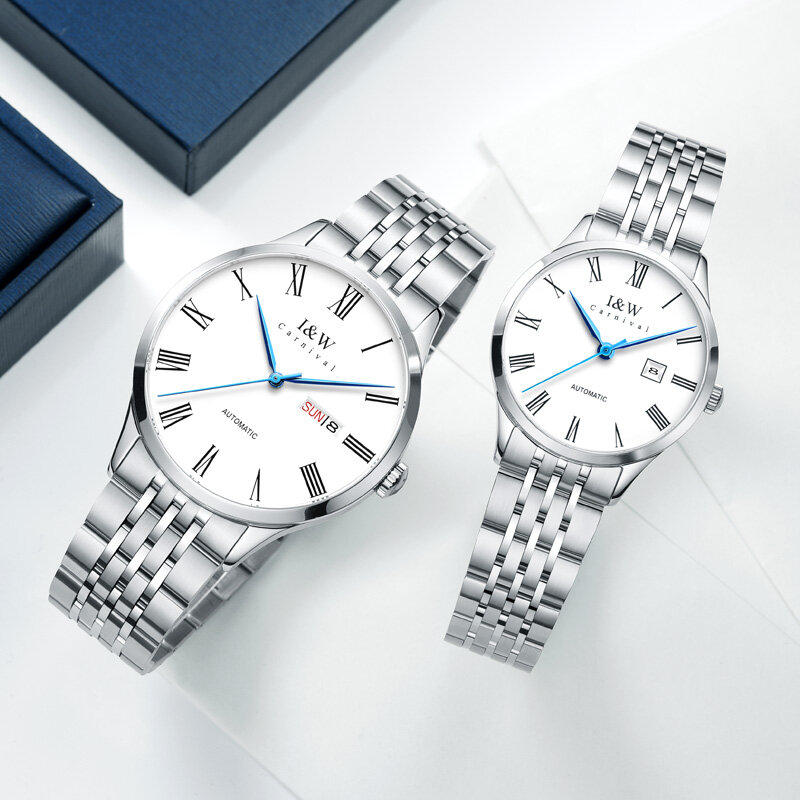 Ultrathin MIYOTA 커플 시계 럭셔리 브랜드 카니발 2020 연인을위한 새로운 커플 시계 사파이어 캘린더 Full Steel Reloj mujer