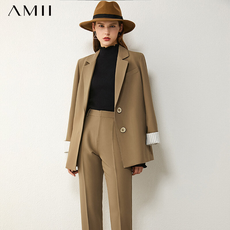AMII – costume minimaliste pour femme, tenue de bureau, à revers épissé, boutonnage simple, couleur unie, taille haute, pantalon, printemps, 12020250