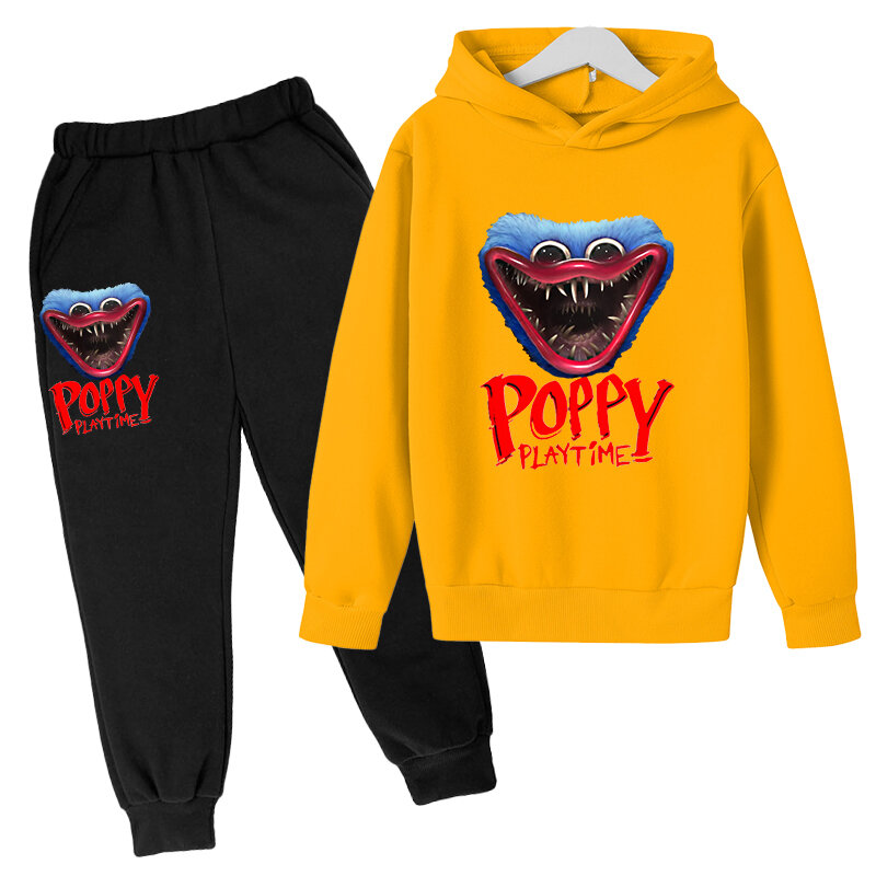 Oversized poppy flor playtime hoodie/calças jogo huggy wuggy moletom horror sudaderas crianças gótico hip hop rua 2-piec terno