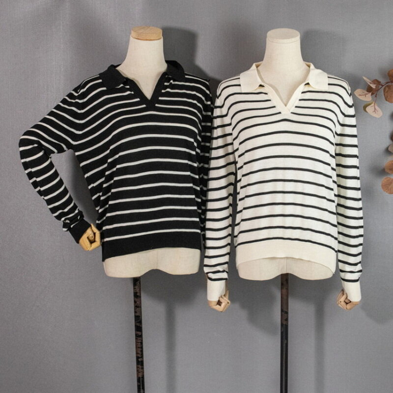 Suéteres de punto holgados a rayas para mujer, suéter Vintage de manga larga con cuello en V, Tops, 2021