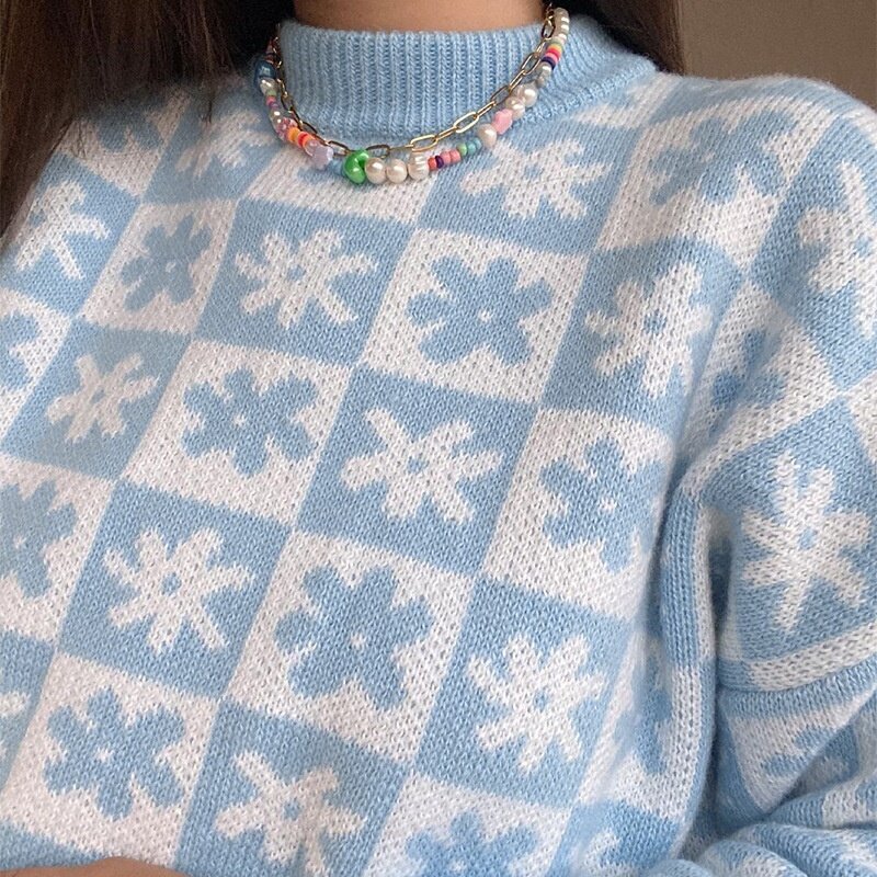 Suéter informal de punto para mujer, Jersey suelto de manga larga con cuello redondo, flores de Color puro, ropa de otoño e invierno, novedad