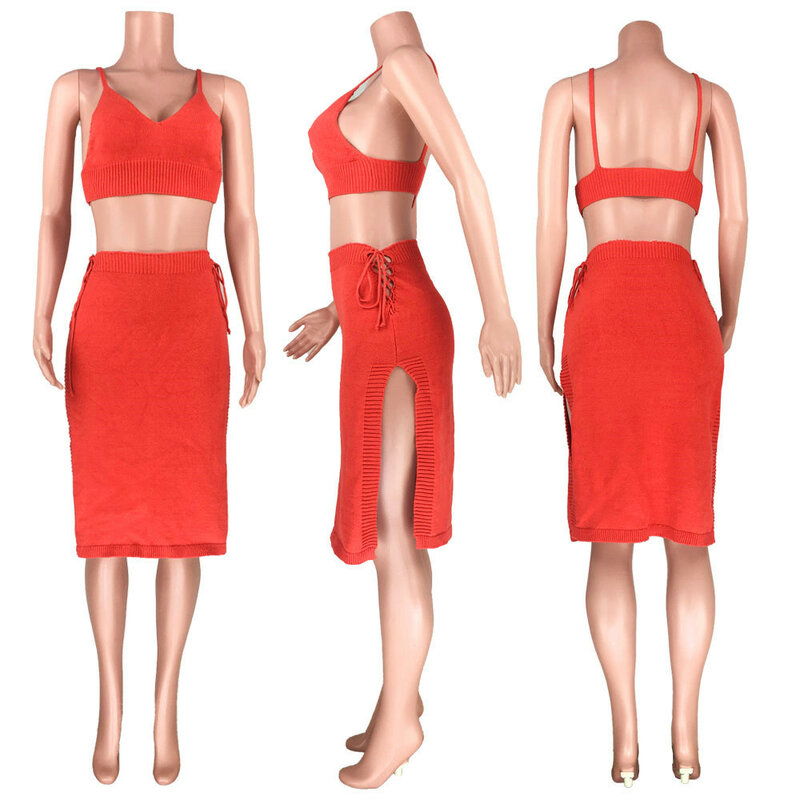 Ursuper 2021 Sommer Neue Mode Reine Farbe Split V-ausschnitt Sexy Klassische Sommer Pullover Einfarbig Zwei-Stück Set