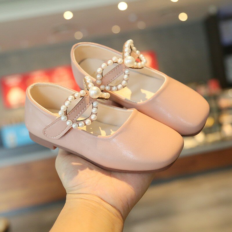 2021 Spring Girls Shoes Bowtie Mary Janes Shoes Pearls Buckle Princess Shoes Bling Kids Baby Children String Bead Shallow Flats