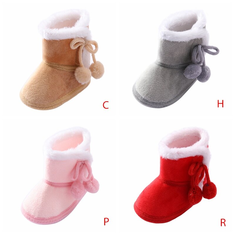 Weixinbuy เด็กสีทึบผ้าฝ้ายกำมะหยี่รองเท้าเด็กแรกเกิดคู่ Pompom Soft Sole Snow Boots ทารก First Walker