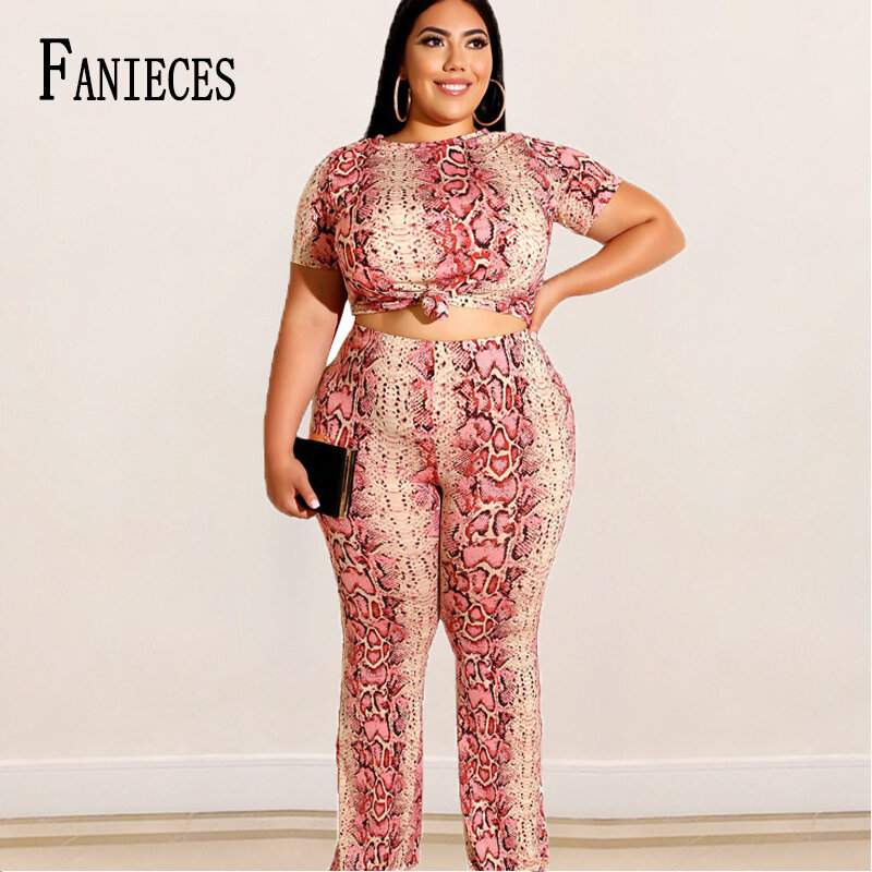 Fashion Sexy Snake skin Print Two Piece Set Top and Pants Tracksuit Women Clothes Bodycon Outfits Matching Sets Plus size