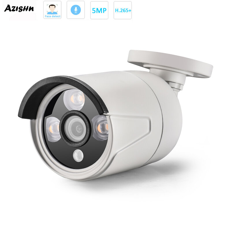 AZISHN 5MP Bullet POE IP Security Face Detection Camera Audio Built in Microphone H.265AI Outdoor CCTV Security Camera IR 30m