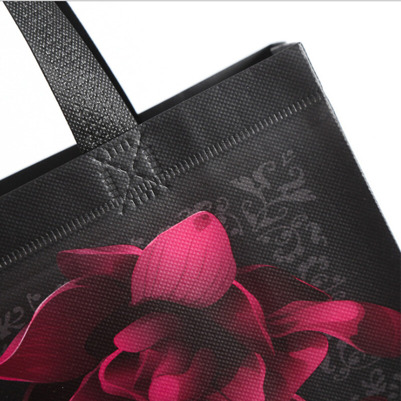 Fashion Flower Print Shopping Bag Black Large Capacity Non-woven Portable Storage Pouch Reusable Foldable Handbag Shoulder Bag