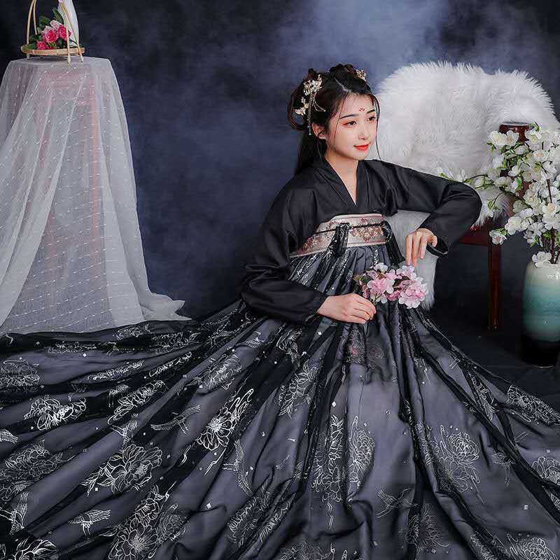 Costume Tang chinois pour femmes, tenue de fête de princesse, Costume de danse noir, Hanfu