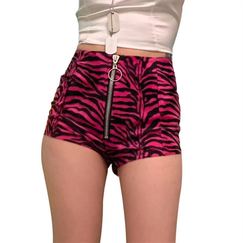 hirigin Women Sexy Shorts Front Zipper Leopard Print Pattern High Waist Pants 2022 High Waist Bodycon Summer Biker Shorts