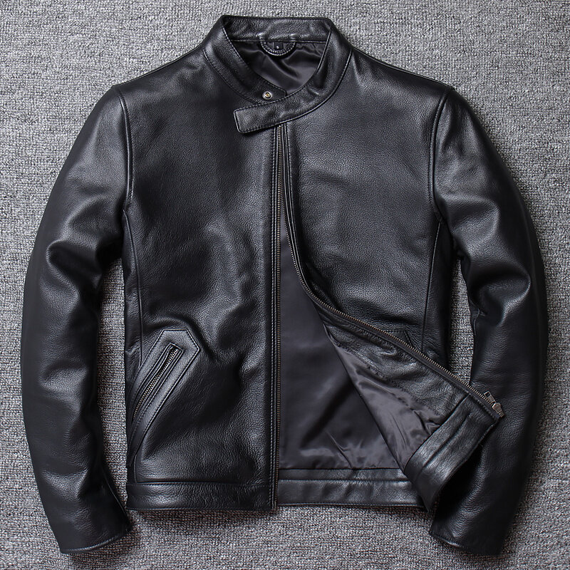 Chaqueta de cuero genuino estilo motocicleta para hombre, abrigo de talla grande 4XL, de cuero de vaca Natural, color negro, oferta especial