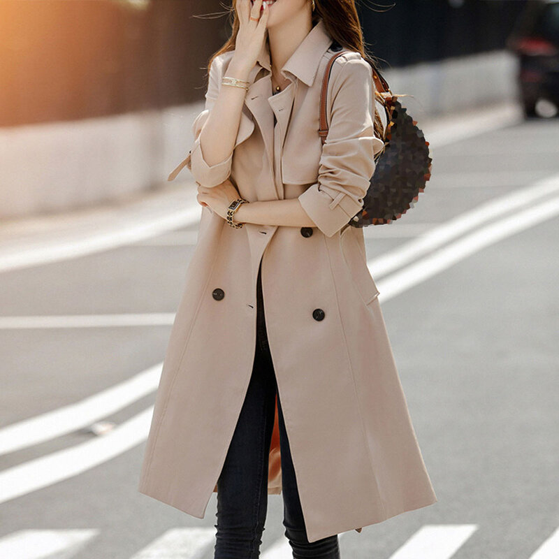 Тренчкот женский длинный в британском стиле, модная двубортная куртка, верхняя одежда, осень-зима