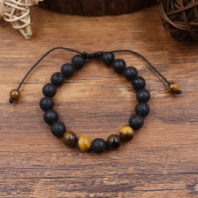 8mm Adjustable Lava Rock Bracelet Natural Stone Beads Bracelets with Braided Rope Stress Relief Yoga Bangle Gifts for Men Women