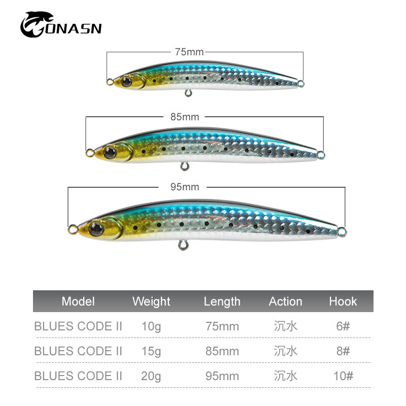 ONASN-블루스 코드 II 낚시 루어, 싱킹 펜슬 75mm 85mm 95mm 표면 하드 베이트, 인공 낚시 워 블러 배스 파이크 송어