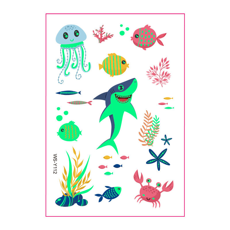 10 Buah Stiker Tato Palsu Bercahaya Tahan Air Kartun Sementara Hewan Laut Paus Transfer Tubuh Hiu Hadiah Mainan Anak-anak