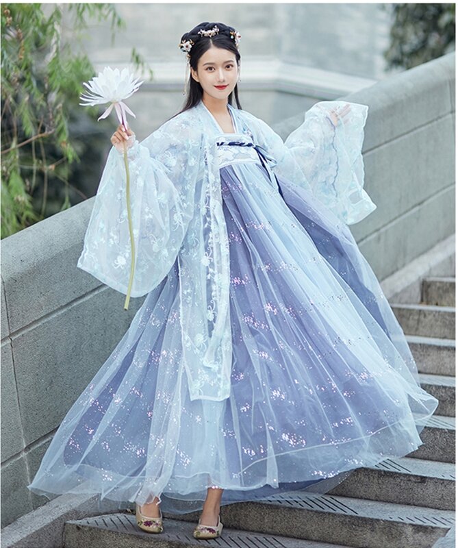 Вышитый китайский ханьфу, женский синий костюм для классических танцев, праздничный наряд, сказочное платье, традиционная одежда ханьфу дл...