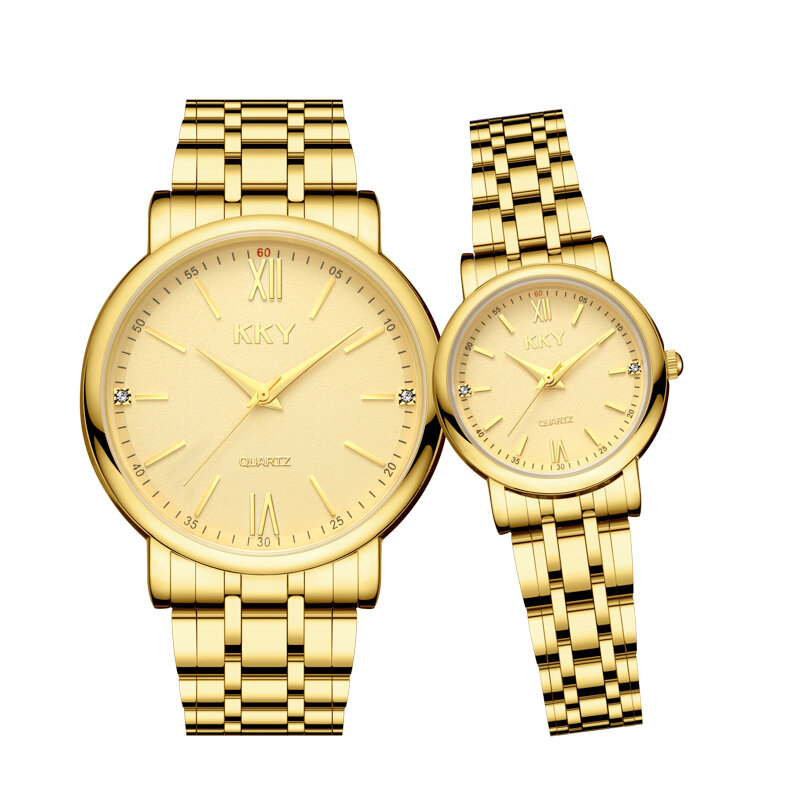 New Couple Gold Watches Fashion Luxury KKY Brand Quartz Wristwatch Fashion Business Men Watch Women Watches Full-Steel Pair Hour