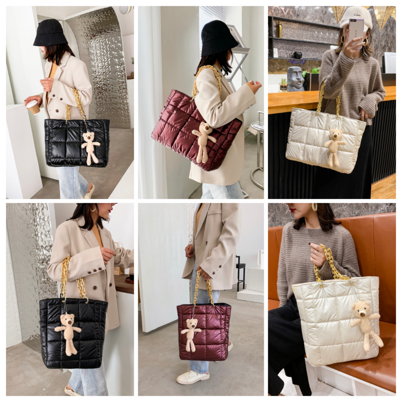 Winter Large Thick Chain Female Bag Down Cotton Shoulder Bags For Women Handbag Doll Pendant Messenger Bag Fashion Casual Totes